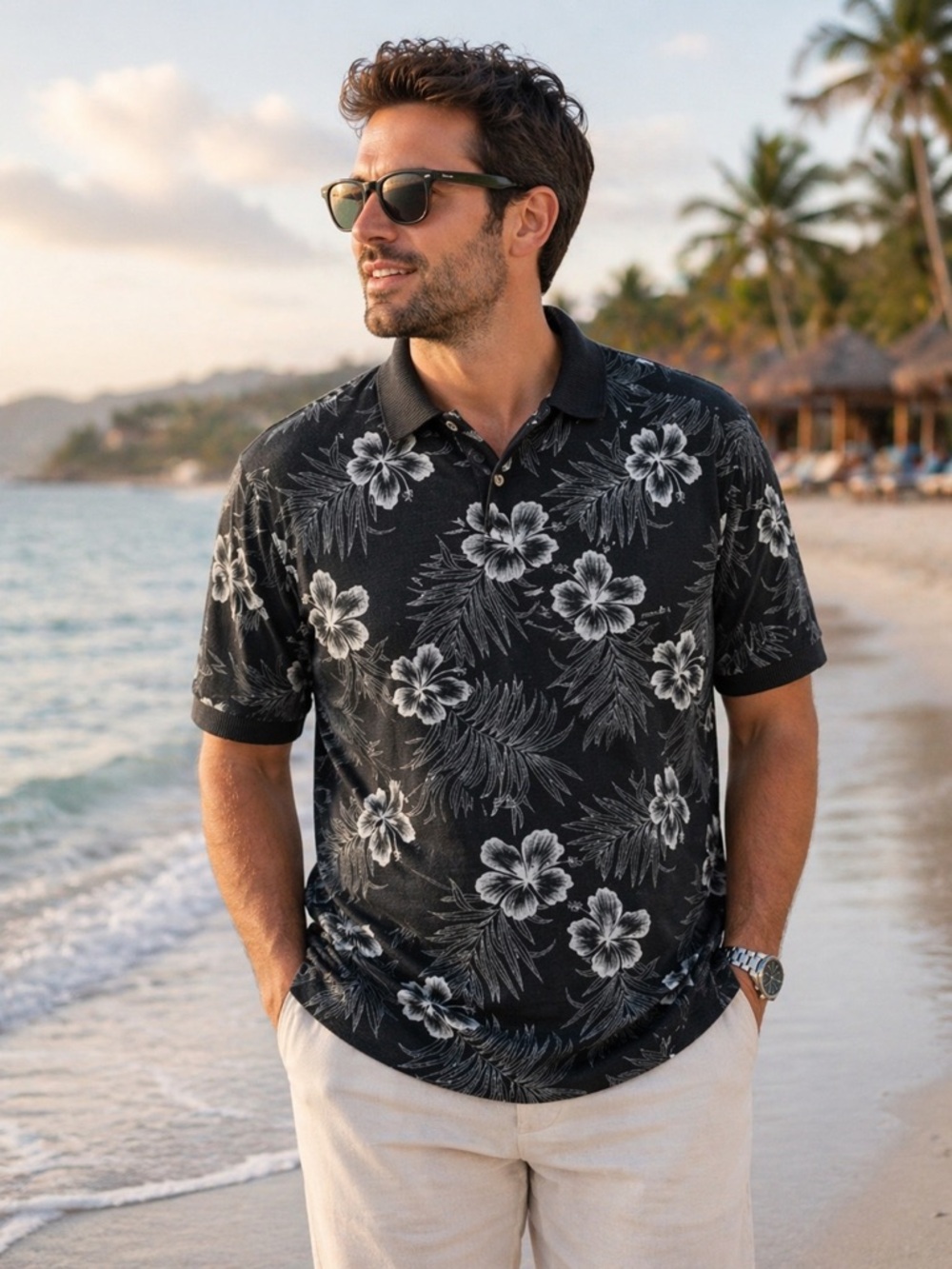 Tommy Bahama Black Hibiscus Silk Blend Polo Shirt XXL Tropical Resort